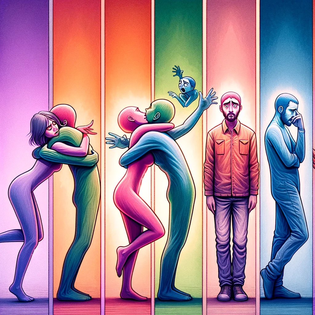 This image visually represents the four different attachment styles in relationships. Each section of the image symbolizes a distinct attachment style, illustrated through the interactions of figures, reflecting their emotional dynamics.